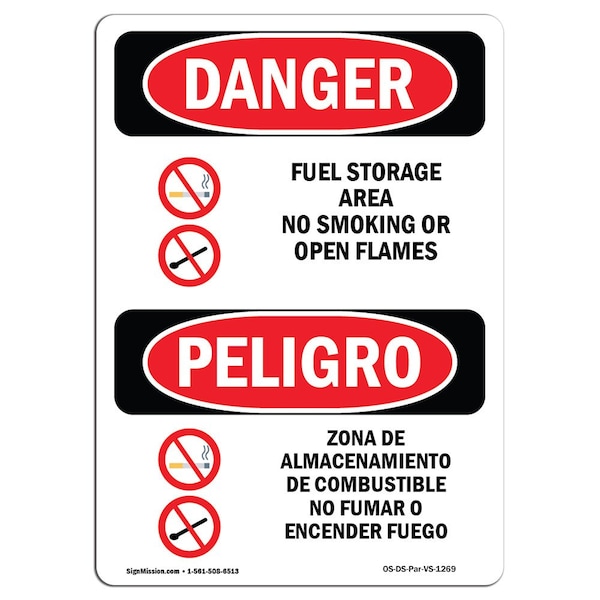 Safety Sign, OSHA Danger, 24" Height, Aluminum, Fuel Storage Area No Smoking Spanish